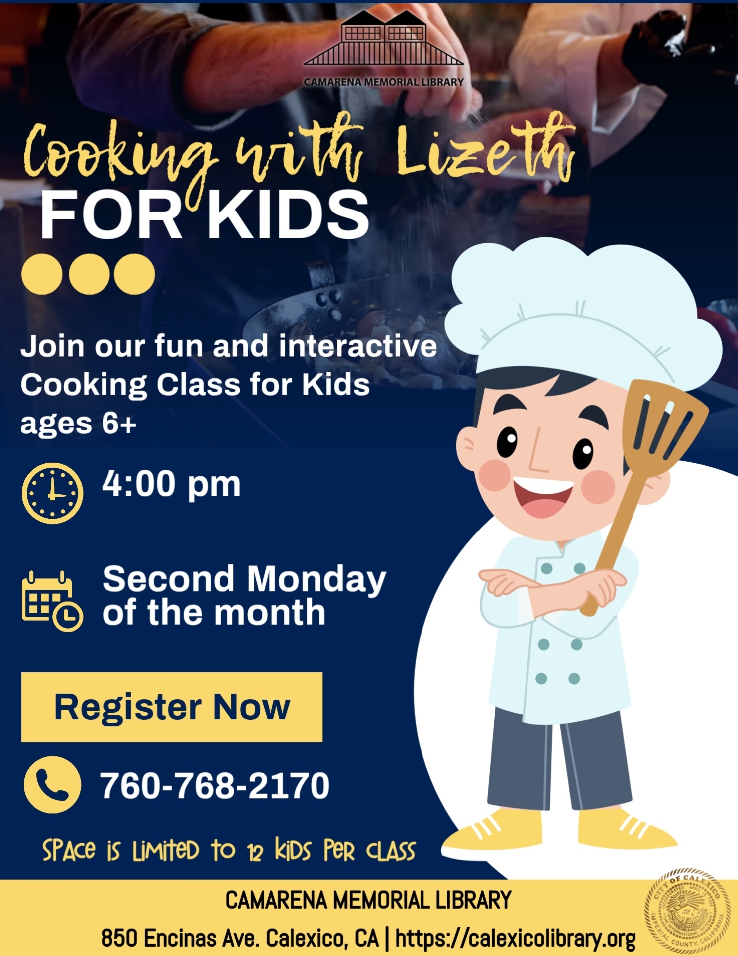 flyer advertising cooking class for kids ages 6+